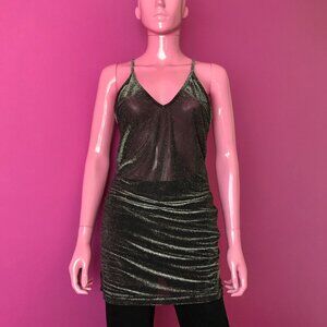 Vintage 90s S/M Mini Dress Tank Top Black Silver Sparkle Bodycon Sheer Racerback